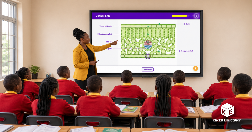 Grade 9 learners exploring the internal structure of a leaf through an interactive virtual lab, bringing plant biology to life through technology-enabled learning.
